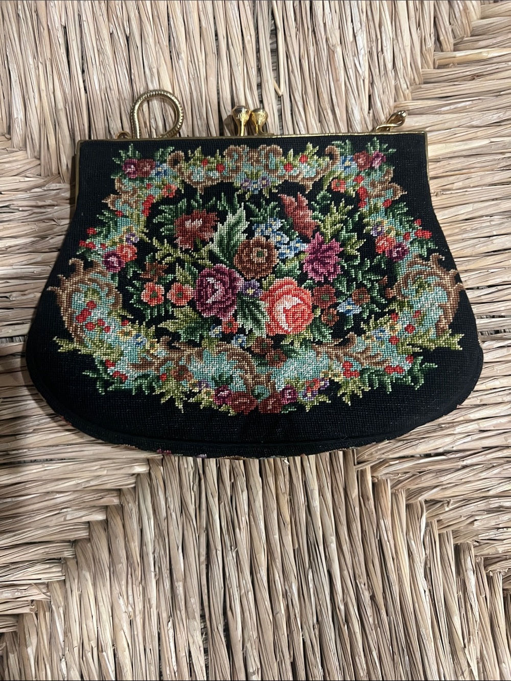 Vintage Floral Beaded Evening Bag - Black